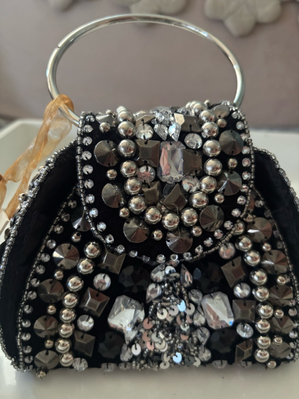 From India To You Embellished Black Evening Handbag with Silver Ring Handle.